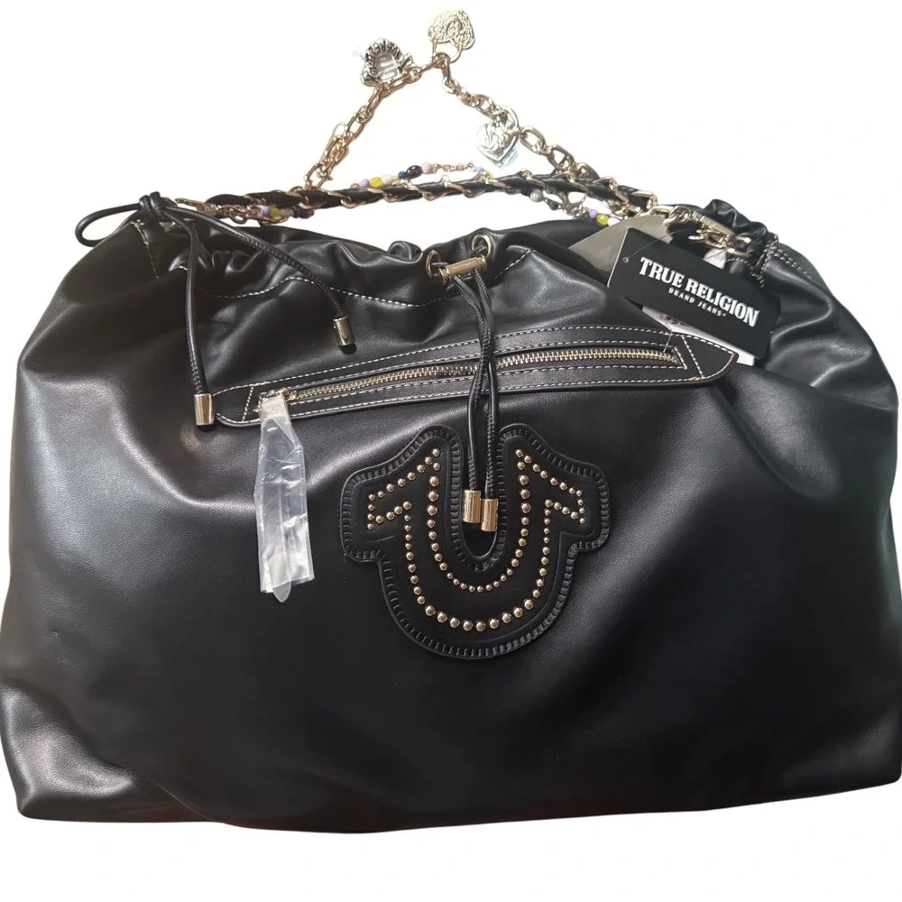 True Religion Black Faux Leather Multi Chain Strap Charm Gold Tonr Hobo Large